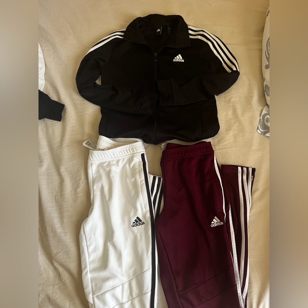 adidas Black jacket, White & Burgundy Three-Stripe Tiro pants women’s small
